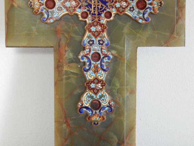 ANCIEN GRAND Bénitier Crucifix Croix en émaux Cloisonné Sur Socle en ONYX 3