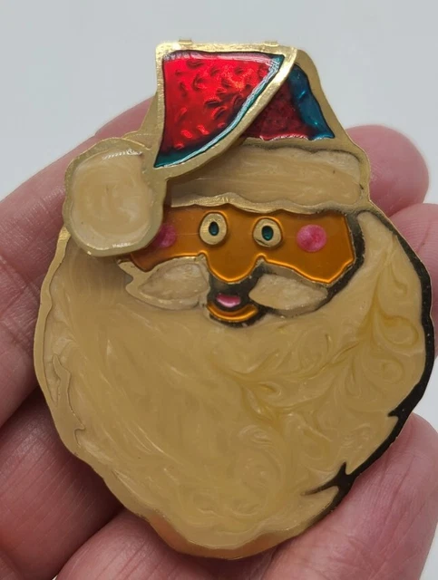 Vintage Enamel Santa Claus Head Brooch Pin Guilloche Gold Tone Metal