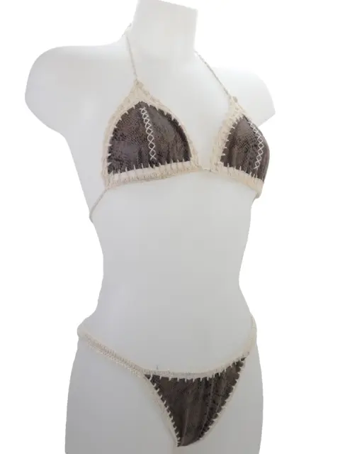 Snake Print Crochet Bikini Swimsuit Two Piece Micro Triangle Retro High Waist S