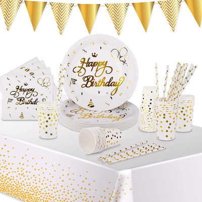 25 Ospiti VIPNAJI Bianche e Dorate Stoviglie per Feste,176 Pezzi Stoviglie Carta Set Include Piatti di Carta Tovaglioli Tazze di Carta stoviglie，per Compleanni Matrimonio Nascita Battesimo Party ect 