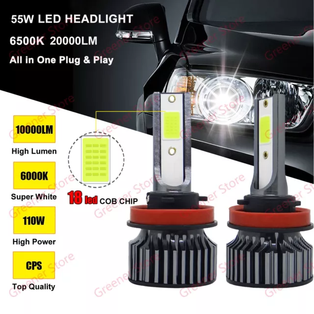 2X 55W 20000LM H8 H9 H11 LED Ampoule Voiture Feux Lampe Kit Phare Blanc 6000K