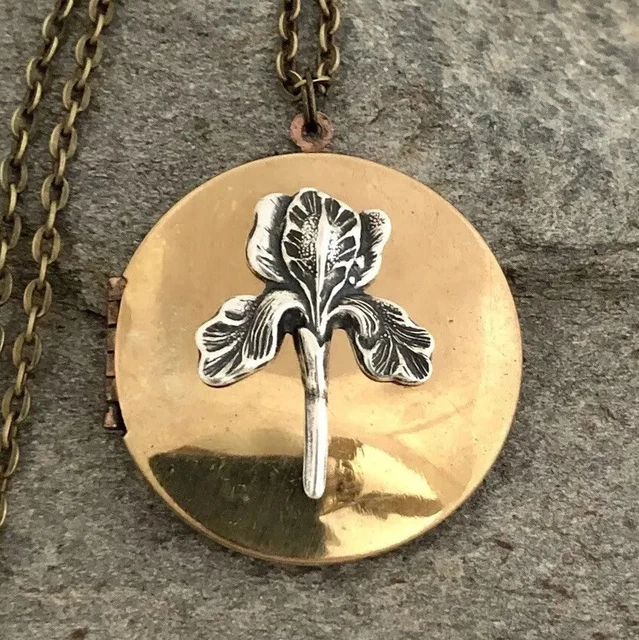 Iris Flower Vtg Locket Necklace Antique Silver & Brass Art Nouveau Floral Design