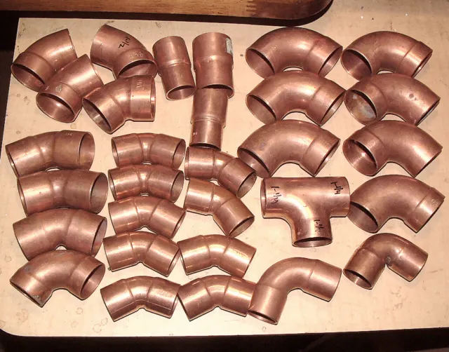 30 Large Copper Solder Pipe Fittings 1" 1-1/2" 45+90degree DWV Nibco Lee Etc