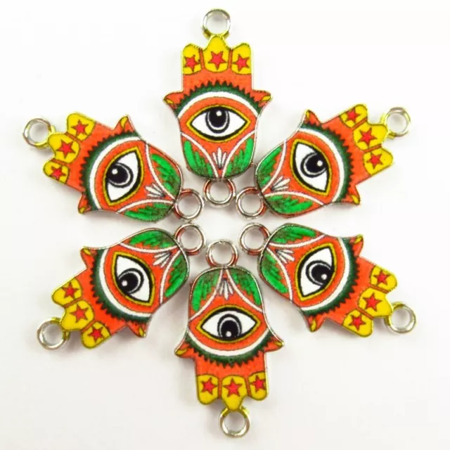 6Pcs Rainbow Enamel Tibetan Silver Evil Eye Hand Pendant Bead PJ2923