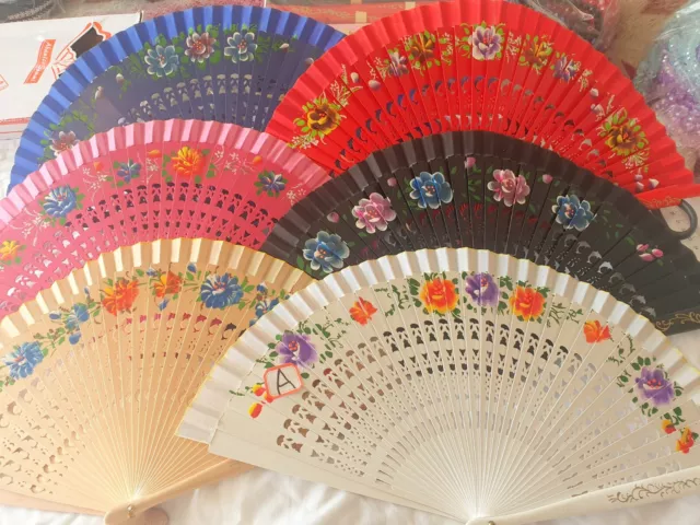 Joblot 12 pcs mixed colour Wooden Spanish Folding Hand Fans Painted both sides A