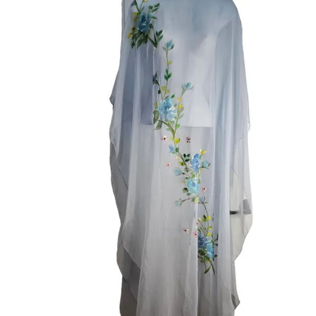 Silk Chiffon Kaftan Over Dress Cover up Blue Hand Painted Floral Shawl Wedding