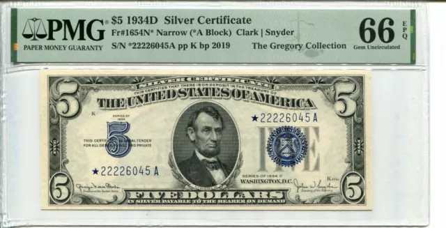 Fr 1654* Star 1934D Narrow $5 Silver Certificate Pmg 66 Epq Gem Uncirculated