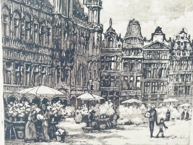 Gravure Pointe Sèche Signée F. Gaal – Scène De Marché En France, Fin XIXe, Cadre Classique