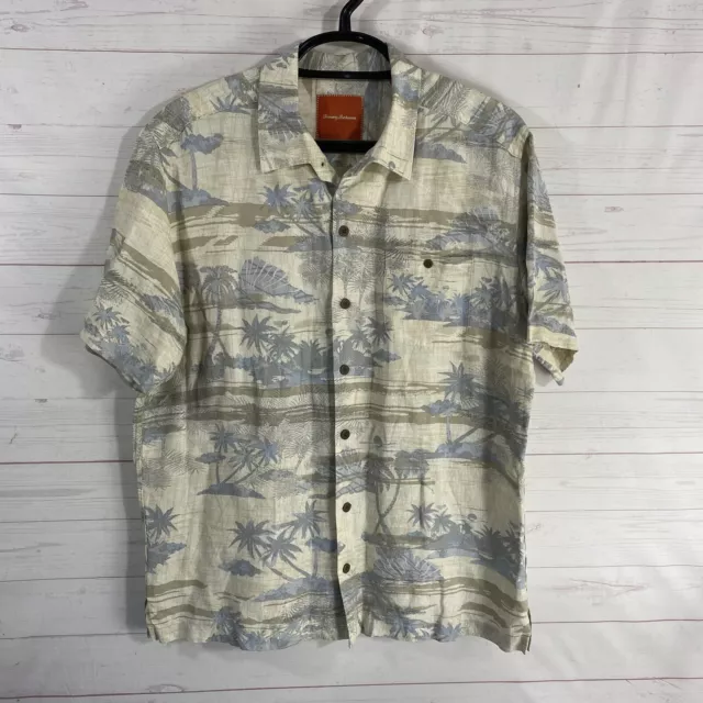 Tommy Bahama Mens Linen/Silk Short Sleeve Palm Tree Print Shirt XL Blue Beige