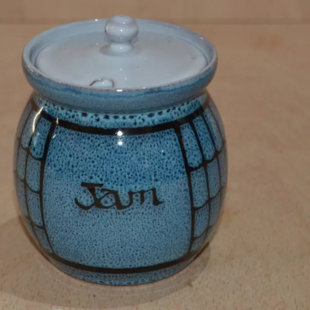 Wellhouse Pottery Paignton Jam Preserve Pot w/ Lid  Blue Black 1970s Vintage