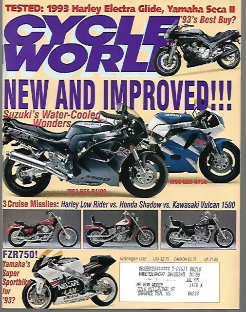 Cycle World Magazine November 1992 Harley Electra Glide, Yamaha Seca, Honda