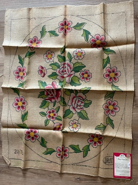 Alfombra enganchada vintage Dritz patrón arpillera flores yute 20/73 ovalada sin trabajar estampada