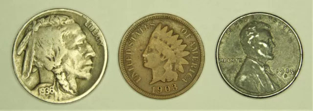 Indian Head Penny, Buffalo Nickel, and a 1943 Steel Wheat Cent (3 coin) Lot