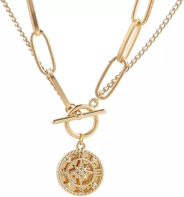 Gold Chunky Thick Link Chain Necklace Compass Coin Pendant Toggle Necklace Charm