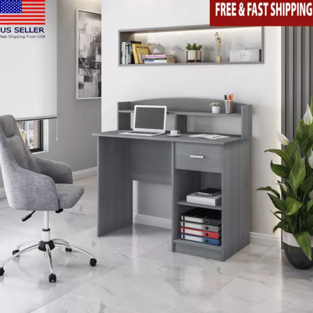 Rectangular Modern Office Desk W/ 2 Open Shelves Hutch Storage Drawer 110 lbs US