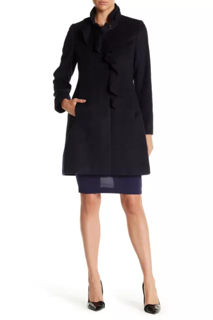 DKNY Ruffle Wool Blend Walker Coat, Navy, Size 14