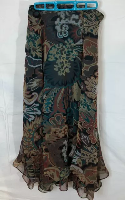 Coldwater Creek Green Brown Floral Tier Ruffle Maxi Sd Zip M Elastic Waist Skirt