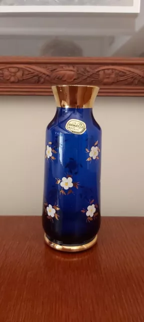 Vintage Bohemia Cobalt Blue Glass Posy Vase Gold Enamel 15cms