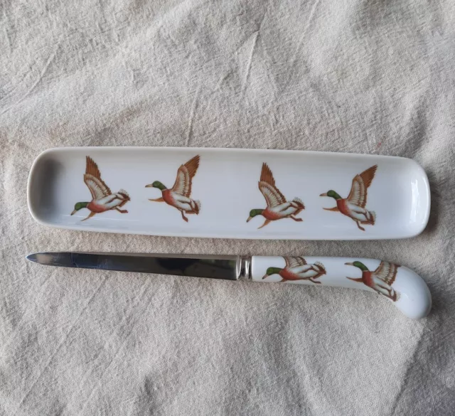 House Of Prill Porcelain Trinket Tray and Letter Opener Flying Ducks Mallards