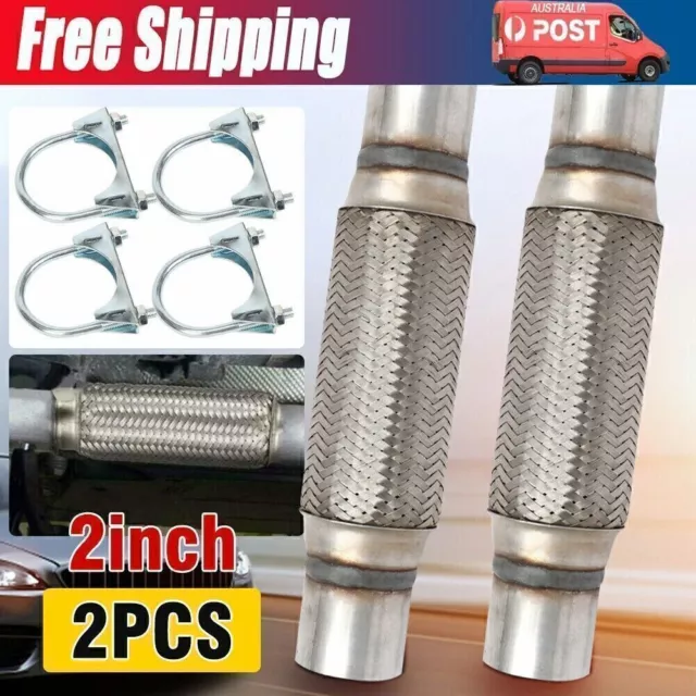 2pcs 2'' Exhaust Flex Tube Pipe Joint Flexible Clamp Stainless Steel 50x300mm