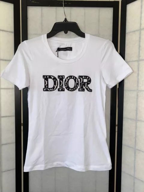 NEW With Tags CHRISTIAN DIOR Women Sz S T-Shirt Embroidered White Black CLASSIC