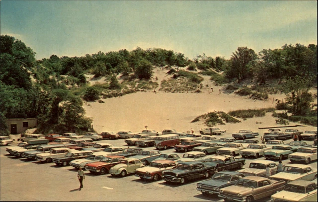 Chesterton Indiana Dunes State Park 1960s VW Bug Bus Corvair vintage postcard