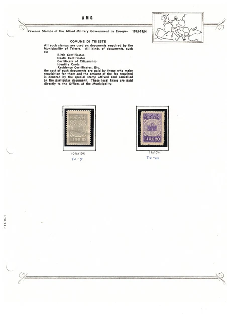 Italy City of Trieste  AMG FTT 10 & 20 Lire Fiscal Stamps on Bush Page MNH