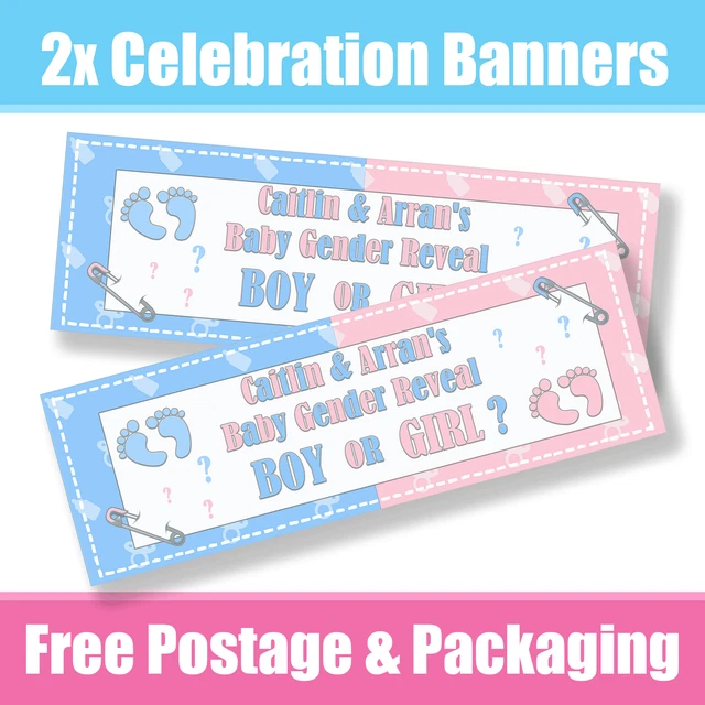 Personalised Gender Reveal Banners Celebration For New Baby - Any Name & Age x 2