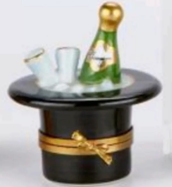 New Years Limoges France Peint Main Rochard "Champagne & Top Hat" Trinket Box