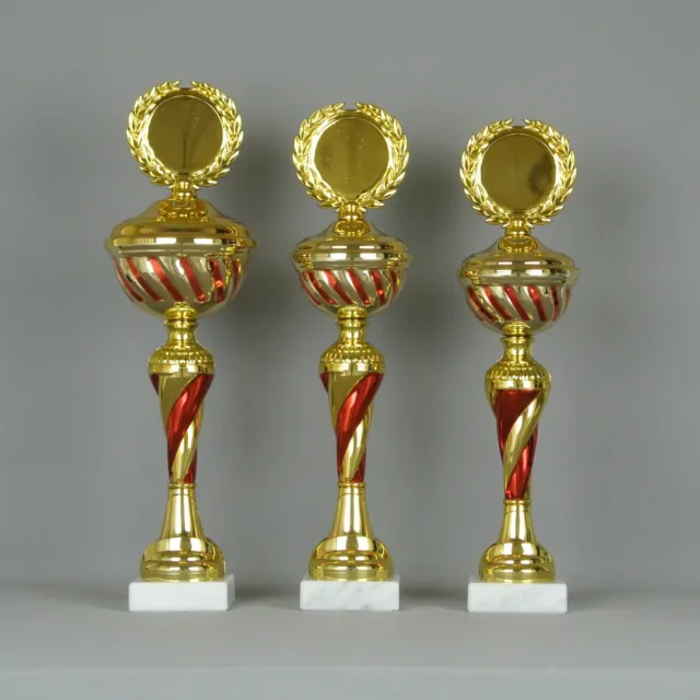 3er Serie Pokale / 35-31cm / gold rot / mit Gravur + Emblem / kompl. MONTIERT