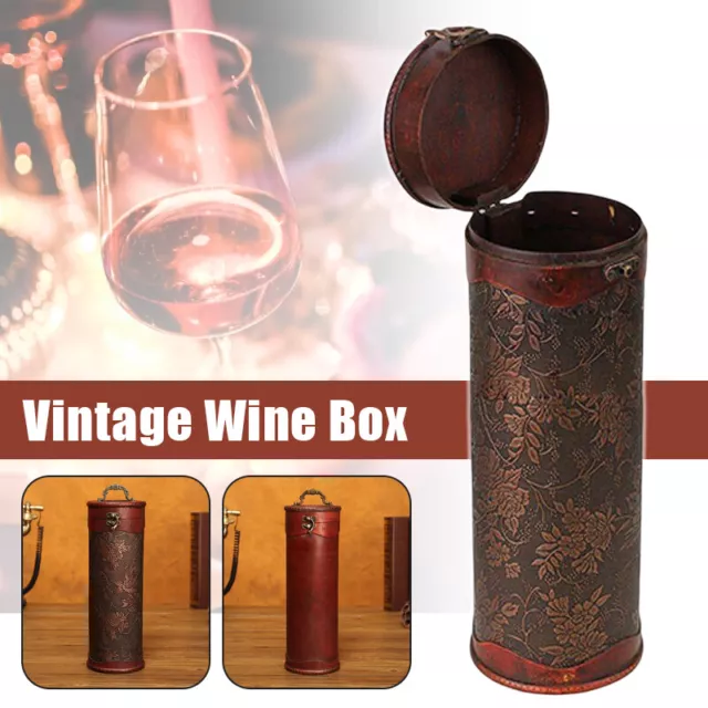 Vintage Cylinder Wooden Box Wine Bottle Storage Case Crate Gift Carrying Box Red