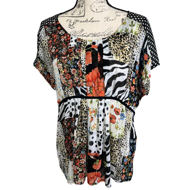 Christopher & Banks Top Blouse Size Large Empire Waist Short Sleeve Black Pink