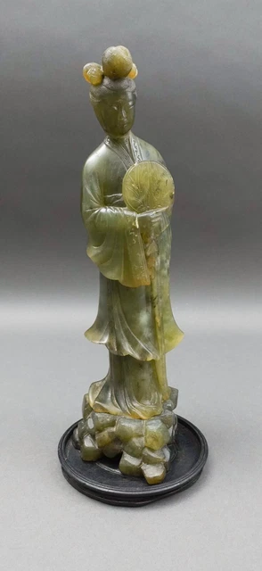 Antique Chinese Jade Carving Statue Of Standing Figure Of Woman Holding Fan 12"