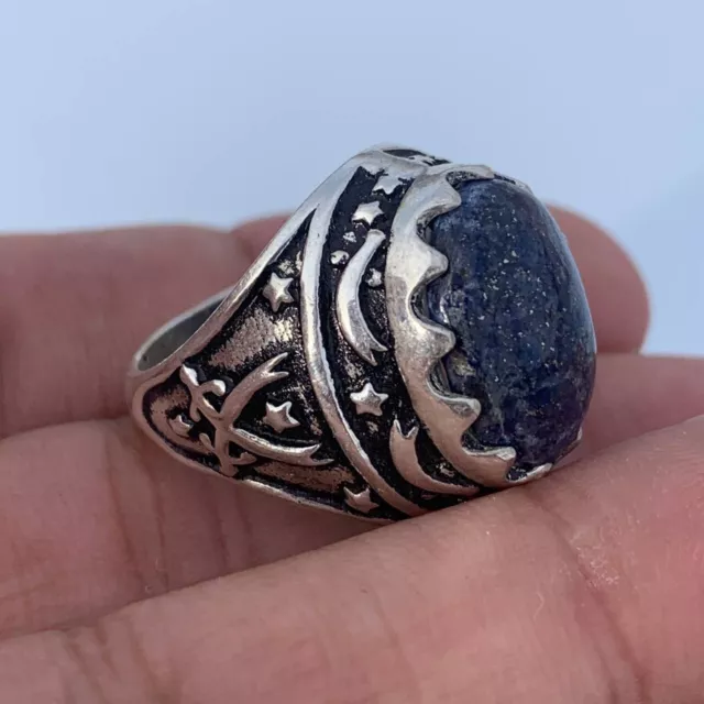 Rare Ancient Medieval Roman Silvered Color Warrior Talisman Ring Black Stone