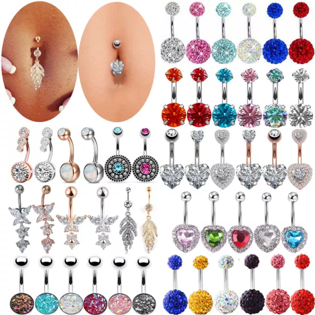 Navel Belly Button Rings Crystal Flower Dangle Bar Barbell Body Piercing Jewe