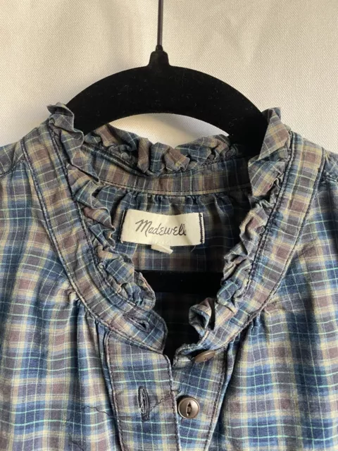 Madewell Womens XS Blue Plaid Top,Front Placket , Ruffle Collar Cotton LS