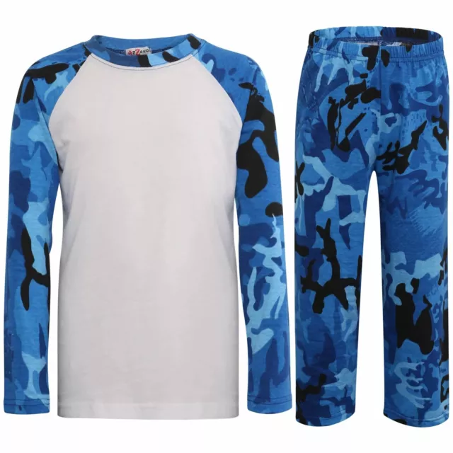 Kids Girls Boys Pyjamas Camouflage Blue Contrast Sleeves Stylish PJS 2-13 Years