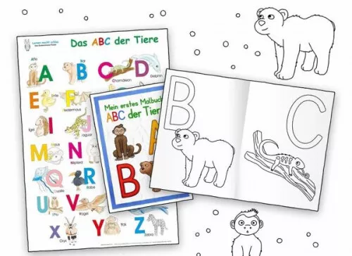 Das ABC der Tiere Lernposter DIN A3 laminiert + Malbuch DIN A4, 2 Teile|Deutsch