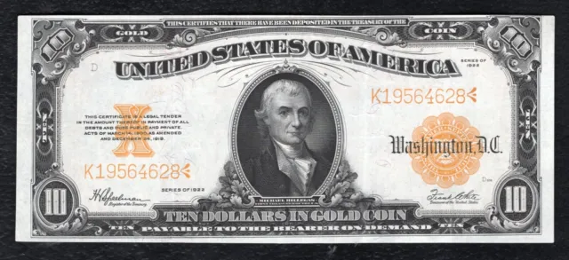 Fr. 1173 1922 $10 Ten Dollars Gold Certificate U.s. Currency Note Extremely Fine