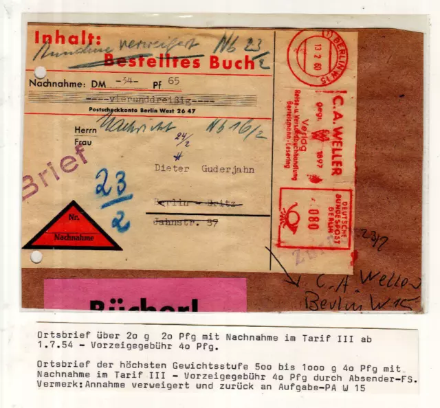 Orts Brief / Stück Berlin Nachnahme über 500 Gr. mit AFS C.A. Weller 80 Pf. 1960