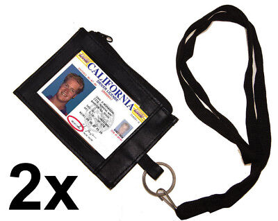 Set of 2 Leather ID CARD Badge Neck Holder Lanyard Wallet Zip Key Ring Strap