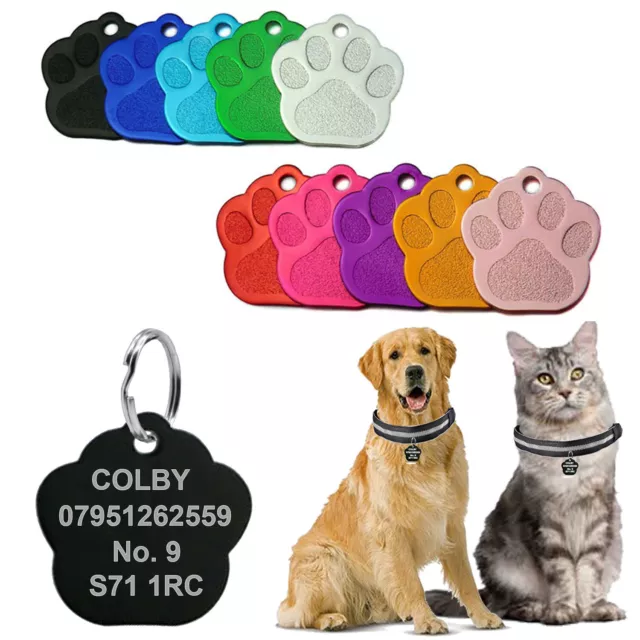 Engraved Pet Tags Personalised Cat ID Charm Dog Paw Name Collar Animal Disc Neck