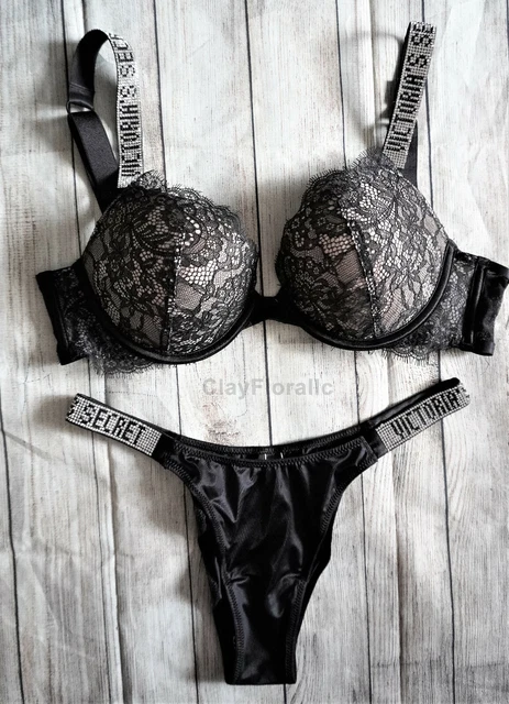 VICTORIA'S SECRET VERY Sexy shine strap bra set Rhinestones black thong  panty $119.00 - PicClick