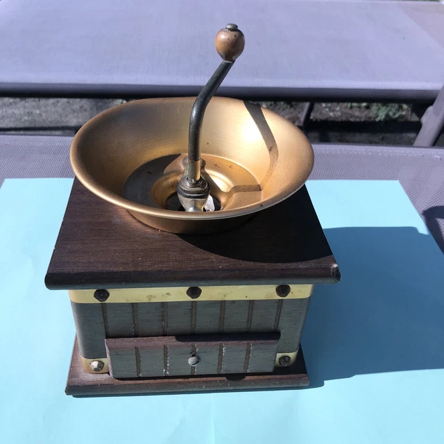 Vintage/Antique Hand Crank Coffee Grinder Elegant Bronze & Wood Box w/ Drawer