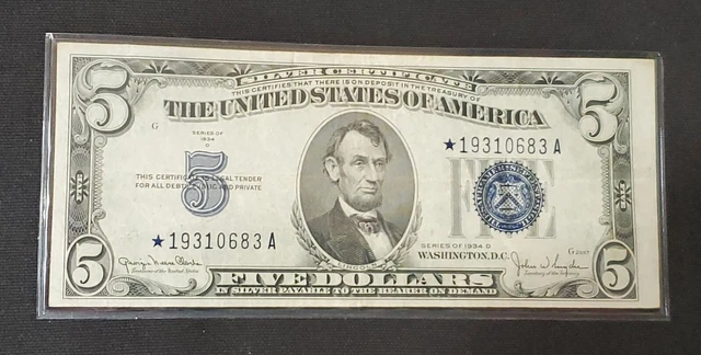 1934 $5 dollar silver certificate star note Very Fine to XF