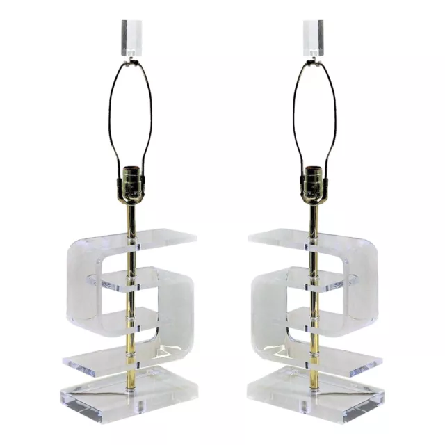 Greek Key Sculptural Curved Lucite Table Lamps Acrylic Brass Pair Art Deco MCM