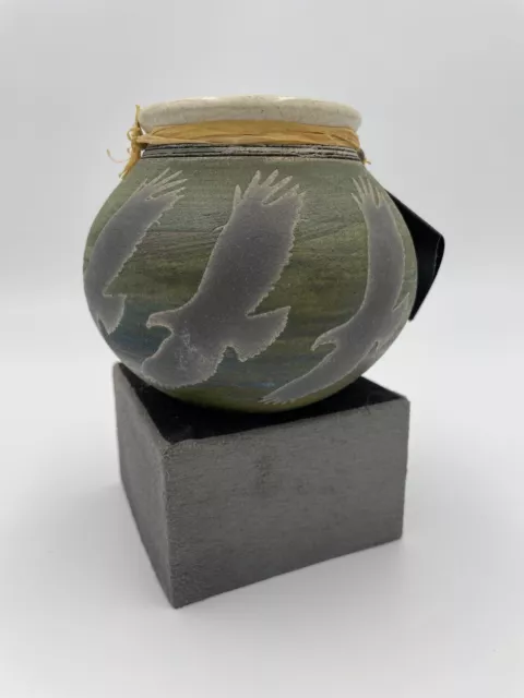 New Raku Pottery 4” VASE Jeremy Diller Soaring Birds Studio Art Signed