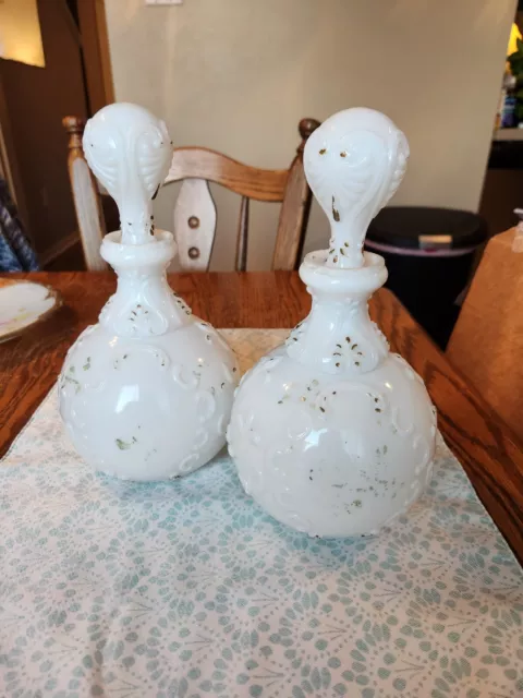 Lot Set of 2 Antique Victorian Milk Glass  Barber Bottles with Stoppers