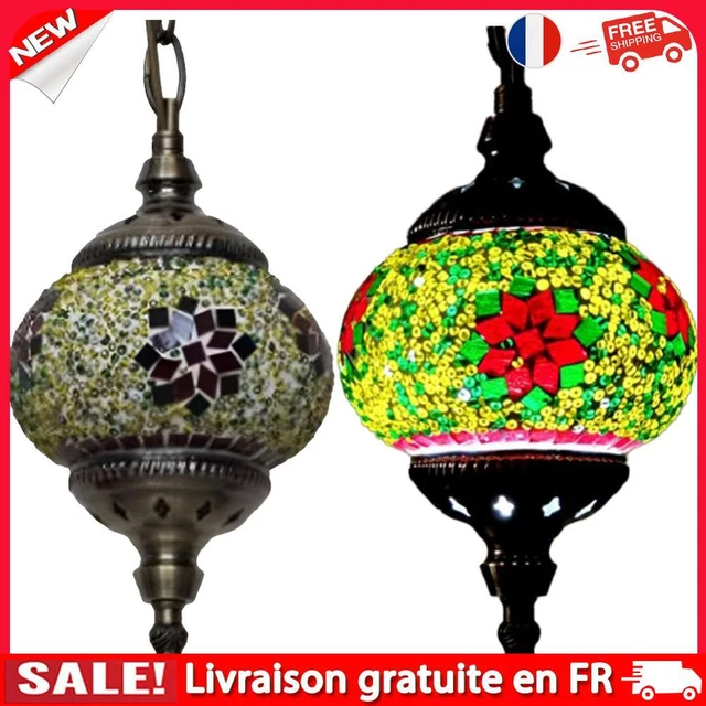 Lustre Suspendu Mosaïque Turc Enva – 5 Globes Multicolores – Style Tiffany – Laiton Antique