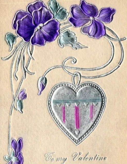 Unused Valentines Vintage Postcard Foil Heart Purple Flowers Germany 1907 QZ